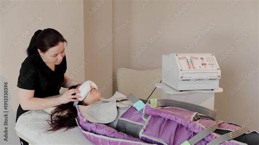 Woman undergoing modern pressotherapy for lymphatic drainage, with a cosmetologist applying eyes massager for relaxation