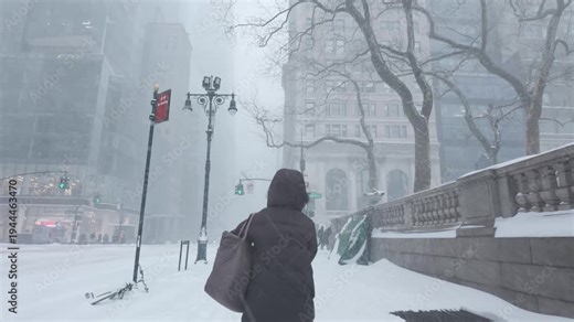 winter scene, heavy snowfall, New York city streets covered with snow. Houses, people and roads in winter. Blizzard, snowstorm and big snowflakes falling. Cold weather, poor visibility