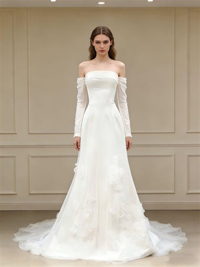 Romantic Strapless Satin Bridal Gown - Sheer Sleeve Mermaid Wedding Dress - Etsy