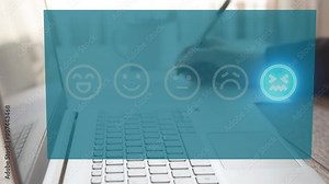 Animation with customer satisfaction icons, showing emotions, in background of person working on computer