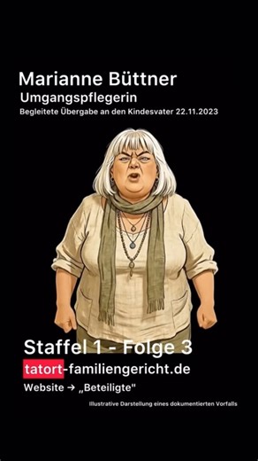 Tatort Familiengericht on Instagram: "Beteiligte - Umgangspflegerin Marianne Büttner In Staffel 1 - Folge 3 zum Umgangsausschluss des Kammergerichts vom 21.07.2025 stelle ich die Übergabesituation vom 22.11.2023 dar, die als tragende Begründung für den zweijährigen Umgangsausschluss herangezogen wurde. Bei dieser begleiteten Übergabe weinte mein Sohn, klammerte sich an mich und äußerte wiederholt, dass er nicht zu Papa wolle. Im weiteren Verlauf der Übergabe schrie er vor Angst und Verzweiflung.
