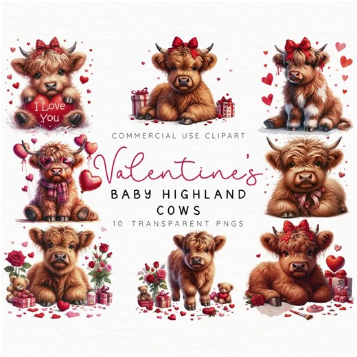 Valentine's Day Highland Cow Clip Art | Baby Cow PNG | Watercolor Love Themed Cow Collection | Clipart Pack | Commercial Use | Farm Animals - Etsy