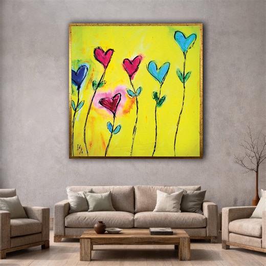 Colorful Heart Flowers Canvas Wall Art, Abstract Love Bright Yellow Background, Modern Floral Canvas, Romantic Home Framed Wall Art - Etsy