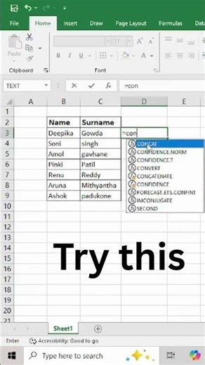 Combine Texts in Seconds with CONCAT! 🧠#excelshortcuts #excel #exceltips