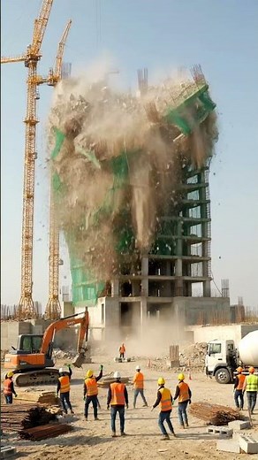Building demolition sequence shows controlled collapse dynamic action. #buildingcollapse #crane