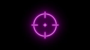 Neon target cross animation, rotation around vertical axis. Glowing neon 3D aim icon, looped spin. Crosshair, gun aim, sniper target, bullseye, hunting, target audience. Magenta, pink, red colors
