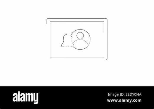 A minimalist line art illustration of a laptop computer. The screen shows a notification bell icon next to a user profile symbol, indicating alerts or messages Stock Video Footage - Alamy