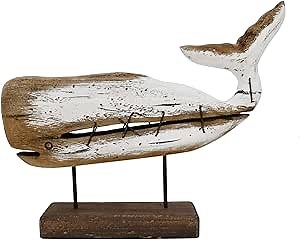 Veclotch Rustic Distressed Wood & Metal Whale Figurine, Nautical Hand Carved Whale Sculpture Beach House Decor, Coastal Table Centerpiece (S)