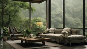 Cozy modern living room with sofa and big windows, rainy day. 4K Seamless looping background animation