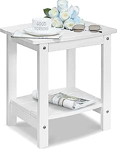 Y&M Outdoor Side Table, HIPS Adirondack Small Double Layer Table, Waterproof Square Outside Table, Balcony Modern End Tables for Patio, Pool, Beach, Porch, Deck, Indoor or Outdoor Use, White