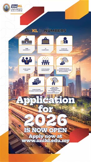 Application for #UniKL 2026 Intake is NOW OPEN! Shape your future with one of Malaysia’s leading technical universities - 12 campuses, 147 programmes, 94,000 graduates and a vibrant community of local & international students. Apply today at https://www.unikl.edu.my/apply/ | Universiti Kuala Lumpur - Unikl