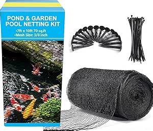 BUZIFU Pond Netting, 7 x 10FT Pond Net for Koi Ponds, Garden Pool Fine Mesh Pond Netting Cover for Leaves, Protects Koi Fish from Birds Cats Predators, with 12 Stakes and 30 Cable Zip Ties