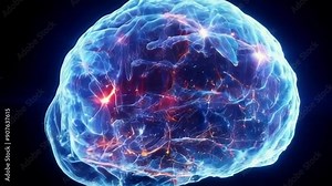 A dynamic visual exploration of a glowing brain, showcasing energy and technology through vibrant particle effects