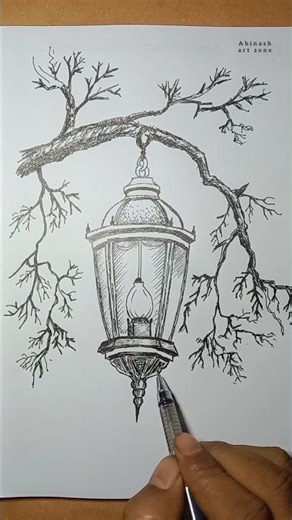 Detailed Lantern Hanging on a Tree Branch Drawing❤️