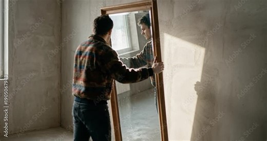 Man installing new window frame interior day