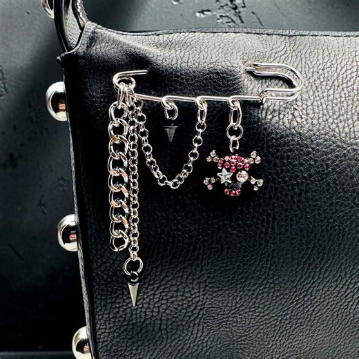 Punk Skull Safety Pin Charm, Layered Silver Chains, Fuchsia Rhinestone Bag Accessory - Etsy