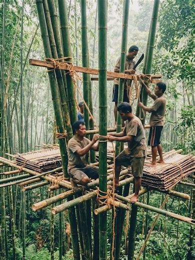 Building a Hidden Bamboo Treehouse High Above the Jungle Floor‼️🎋🏡🌿🔨🌳 Deep within a dense bamboo forest, a small team of skilled builders constructs a remarkable elevated treehouse using only natural bamboo and traditional techniques. Surrounded by towering green bamboo stalks and lush jungle vegetation, the structure slowly takes shape high above the forest floor, blending seamlessly with its natural surroundings. The construction begins as workers carefully tie thick bamboo poles together