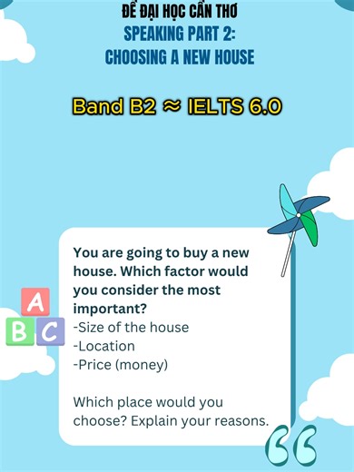 Đề thi mô phỏng Speaking Part 2 – Đại học Cần Thơ – B2 (IELTS 6.0) Topic: Choosing a new house You are going to buy a new house. Which factor would you consider the most important? -Size of the house -Location -Price (money) Bạn nghĩ đâu là những tiêu chí cần thiết khi sắp mua nhà mới? Theo dõi video để biết câu trả lời nha. Đừng quên lưu video để luyện dần mỗi ngày nhé! #vstep #vstepspeaking #hoctienganhmoingay #hoctienganhtainha #daihocvanlang