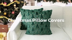 4TH Emotion Christmas Tree Decorative Pillow Covers 18x18 Set of 2, Green Soft Plush Faux Fur Farmhouse Throw Cushion Cases for Xmas Winter Holiday Home Decorations
