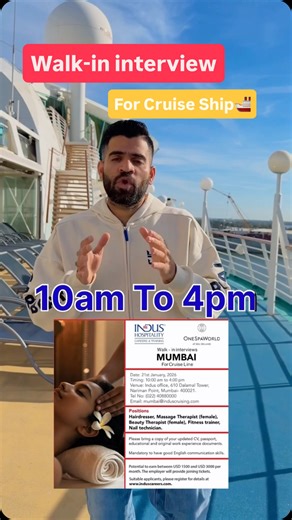 Yogesh & Nitesh on Instagram: "Stop scrolling❌ Start sailing✅ Cruise Ship Jobs Hiring NOW! • Apply Today 📩 Walk-in drive for cruise ship🚨. 🟡INDUS HOSPITALITY Walk - in interviews MUMBAI For Cruise Line Date: 21 st January, 2026 Timing: 10:00 am to 4:00 pm Venue: Indus office, 610 Dalamal Tower, Nariman Point, Mumbai- 400021. Tel No: (022) 40880000 Email: mumbai@induscruising.com Positions Hairdresser, Massage Therapist (female), Beauty Therapist (female), Fitness trainer, Nail technician. Ple