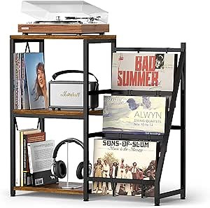 Y&M 3-Tier Record Player Stand with Vinyl Record Storage Holds Up to 200 Albums, Turntable Stand with Album Storage, Record Shelf Display Table for CD, End Table for Home Decor Bedroom Living Room