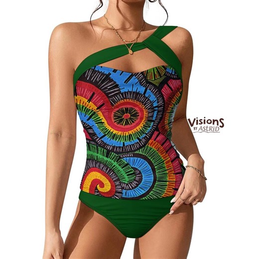 Dark Green Tribal Mandala Tankini | Boho One Shoulder Criss Cross Artistic Swimsuit - Etsy