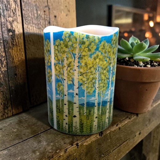 Stand of Aspen Trees, Real Wax Flameless Candle, Vibrant Folk-art Image of Aspens and Blue Sky, LED Candle, 3"x4". - Etsy