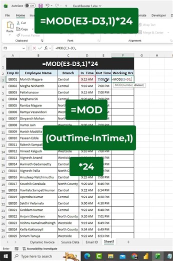 MOD Function to calculate the working hours in Excel #excel #shorts #exceltips #exceltricks