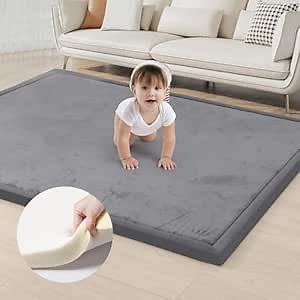 ACOMOPACK Baby Play Mat for Floor,1.3" Thick Elasti-Foam 59"×71" Non-Slip Water Repellent,Non-Toxic Playpen Mat for Infants Toddlers Kids, Ultra Soft Coral Velvet for Tummy Time Crawling（Dark Grey）