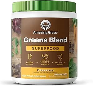 Amazing Grass Greens Superfood Powder: Greens Powder with Digestive Enzymes & Probiotics, Organic Spirulina, Chlorella, and Beet Root Powder, Chocolate, 30 Servings