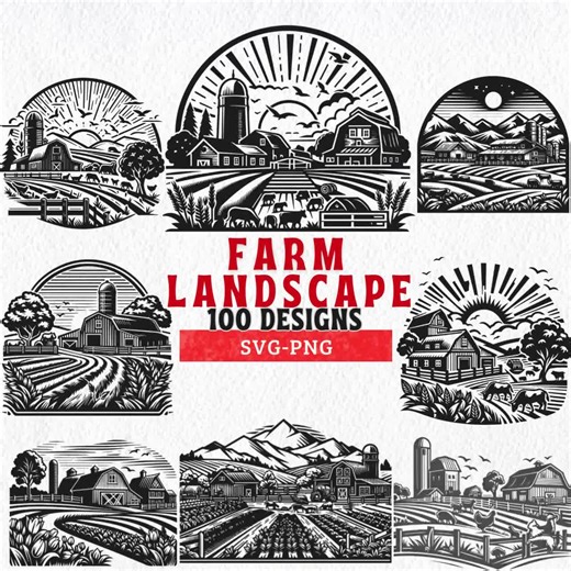 Farm Landscape SVG Bundle 100 Designs, Farmhouse Cut Files, Vintage Barn Silhouette Clipart, Country Farm Scene PNG, Cricut Sublimation - Etsy