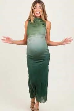 Forest Green Ombre Mesh Ruched Sleeveless Maternity Midi Dress