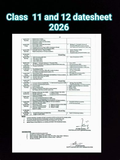 Class 11 & 12 Datesheet #2026 #FBISE #Class 11 and 12