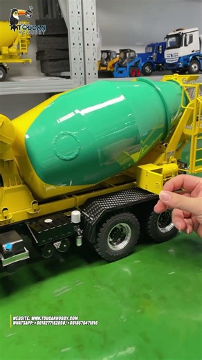 The yellow and green 1/14 scale 6x6 RC mixer truck is truly eye-catching!