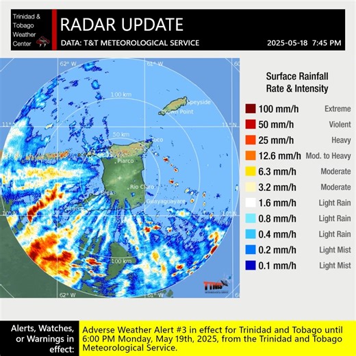7:45 PM - Moderate to heavy rainfall approaching Trinidad from the southeast once again, forecast to begin affecting southeastern and southern Trinidad within the hour. Street/flash flooding and gusty winds are likely in heavy showers and thunderstorms, with landslides possible in elevated areas. Locations already experiencing flooding may see temporary rises in flood waters as additional rainfall accumulates. Adverse Weather Alert in effect: https://ttweathercenter.com/2025/05/18/rainy-days-for