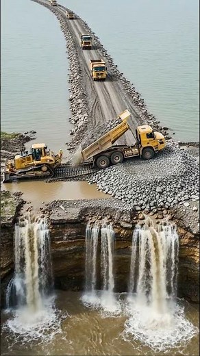 Epic Engineering Dump Trucks and Dozers Build a Road Over a Waterfall