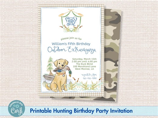 Watercolor Outdoor Deer and Duck Hunt Birthday Invitation: Camo Hunting Camp Monogram Crest (digital Download, Corjl Template - Etsy
