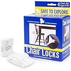Child Safety Chair Lock Set with 3M Double-Sided Tape for Child Proofing Kitchen, Dining Room, and More | Set of 4 Adjustable Chair Locks Prevent Climbing, Tipping and Injury