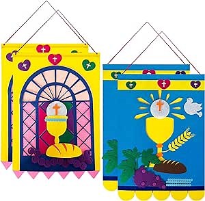 LAIAMER 4 Sets First Communion Banner Kit for Boys Girls DIY First Holy Communion Banner Kits Catholic Church and Sunday School Crafts Supplies for Kids First Communion Felt Decor Set
