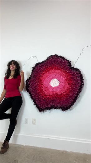 Art reveal! This is the piece I have been sharing BTS footage of. This piece took me a lot longer than I expected, and it ended up needing over 1,000 tampons to be complete. I batch-dyed the tampons in red hues to symbolize yuppp you got that right “bloody tampons,” except in this piece each tampon is a rose. I used a variety of tampon sizes. I mixed dyes together to get just the right touch of ombré to symbolize the menstrual phase 3–7 day flow. I also ended up welding together a round bar and 