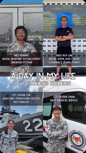 35K views · 190 reactions | From dives to operations—see what it takes to keep our Navy always ready! Follow a day in the life of our Naval Warfare Systems Expert, Naval Diver, Assistant Operations Officer, and Medic. Four vocations, one mission.  #SingaporeNavy #NavyExcellence #MissionReady #BehindTheScenes | Republic of Singapore Navy | Facebook