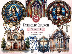 Catholic Church Clipart Bundle, Church Png, Stained Glass, Rosary Clipart, Cross Vector, Cross Silhouette - Etsy