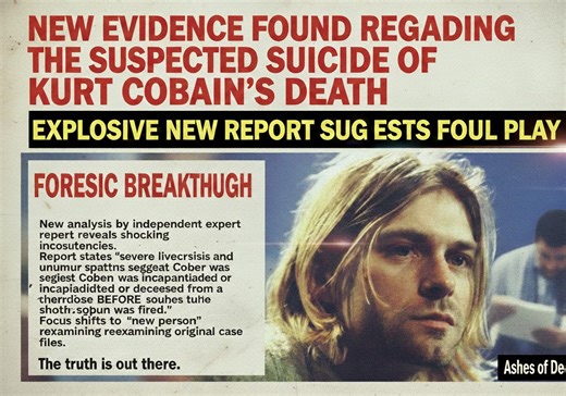 @ashes_ofdeath on Instagram: "NEW EVIDENCE FOUND REGARDING THE SUSPECTED SUICIDE OF KURT COBAIN'S DEATH! In this report, a breakdown of the shocking new findings from a team of forensic experts, including specialist Bryan Burnett. The study argues that physiological evidence in Kurt Cobain's autopsy—specifically regarding liver necrosis and blood patterns—suggests he was incapacitated or deceased from a heroin overdose before the shotgun was fired. The researchers also point to "impossible" deta