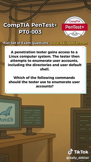 D. cat /etc/passwd. The /etc/passwd file stores user account information on Linux systems. Each line represents a user and includes fields such as the username, user ID (UID), group ID (GID), home directory, and the user's default shell. Because the question specifically mentions enumerating user accounts along with their home directories and default shells, viewing /etc/passwd directly provides exactly that information. A penetration tester can quickly enumerate all system users by running cat