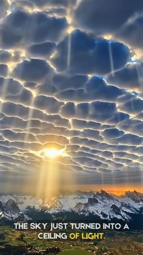 A full quilt of clouds stretches across the horizon—each pocket outlined like it’s been traced in silver. Then the sun breaks through in clean columns, pouring down between the layers and spotlighting the mountains below. Cold peaks, quiet valleys… and a moment that looks unreal even in daylight. This look happens when a textured cloud deck (often altocumulus/stratocumulus) is backlit by low sun, so the edges glow brighter. The “light pillars” are crepuscular rays—sunbeams passing through gaps i