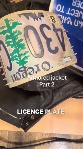 Part 2 of the armored leather jacket fallout raider armor style, uses signs and license plates and spikes #punk #punkfashion #punkdiy #fallout #leatherjacket