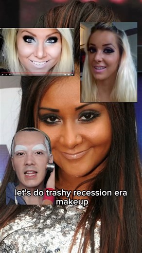 My drag looks are typically inspired by fashion images/movie stars, so it was refreshing and challenging to pull inspiration from regular every day people on the internet! How did you do your makeup during the Great Recession? Video Description: is a drag queen, wearing a blue sweatshirt and beige wig cap. She applies makeup inspired by late 2000s makeup tutorials, including a tan complexion, arched eyebrows, a silvery smoky eye, and pale beige lip. She ends the video in a silvery glitter dress 