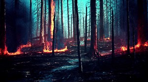 Forest fire with Burned trees after wildfire