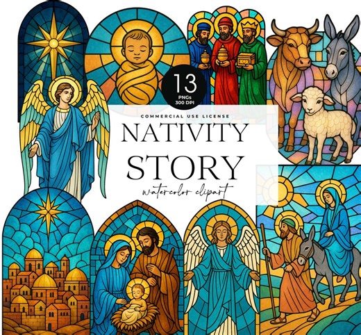 Stained Glass Nativity Story Clipart, Christmas Star, Baby Jesus, Bible Story, Watercolor Christmas, Birth of Jesus - Etsy