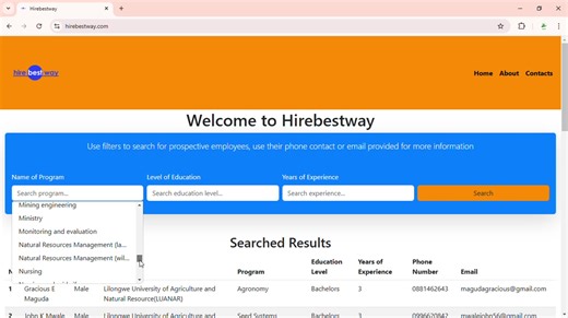 HIREBESTWAY WEBSITE DEMONSTRATION VIDEO NGOs and companies use Hirebestway website to find candidates to hire. Step 1: Visit http://www.hirebestway.com Step 2: Use filters to choose name of program, level of education and years of experience Step 3: Press search button to get list of recommended candidates, use thier phone contact or email address for more information. For job seekers, subcribes to be on Hirebestway website which will be recommending you to NGOs and companies which are hiring at